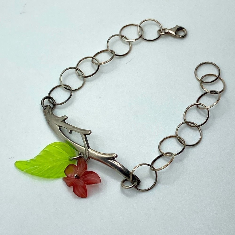 VTG Sterling Silver & Plastic Flower & Leaf Accent Floral Bracelet 7.5”